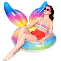 Pool Floats Inflatable Floatie For Size Glitter Rainbow Funny Mermaid  - £26.93 GBP
