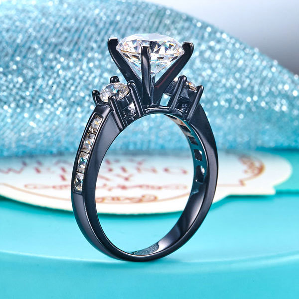 Balck 925 Silver Bridal Engagement Anniversary Ring Three-Stone Lab Made Diamond