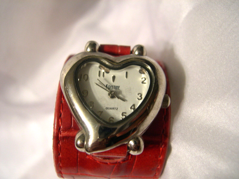 L07, Kristine, Heart Shaped Face, 8" Red Snap Band, Ladies Watch W/b ...