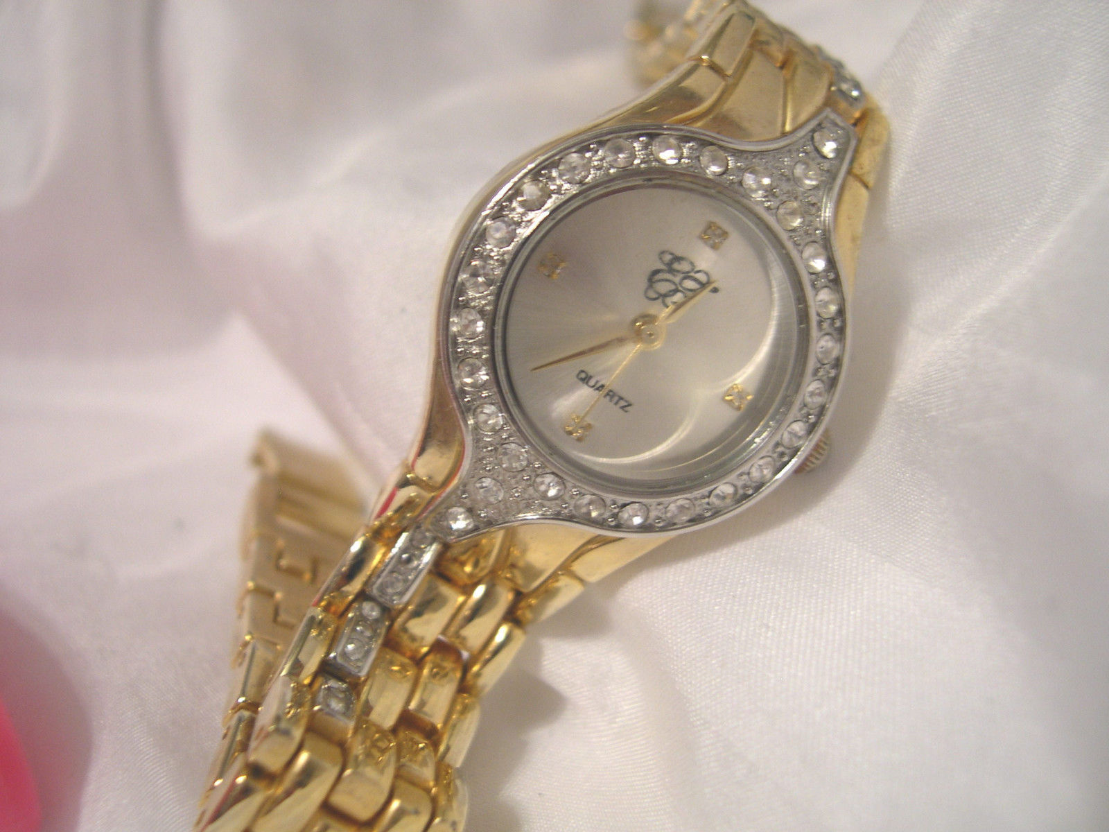 L47, EJ, Ladies Gold Tone Dress Watch, Crystals, Day&Date, 7.5" Band w