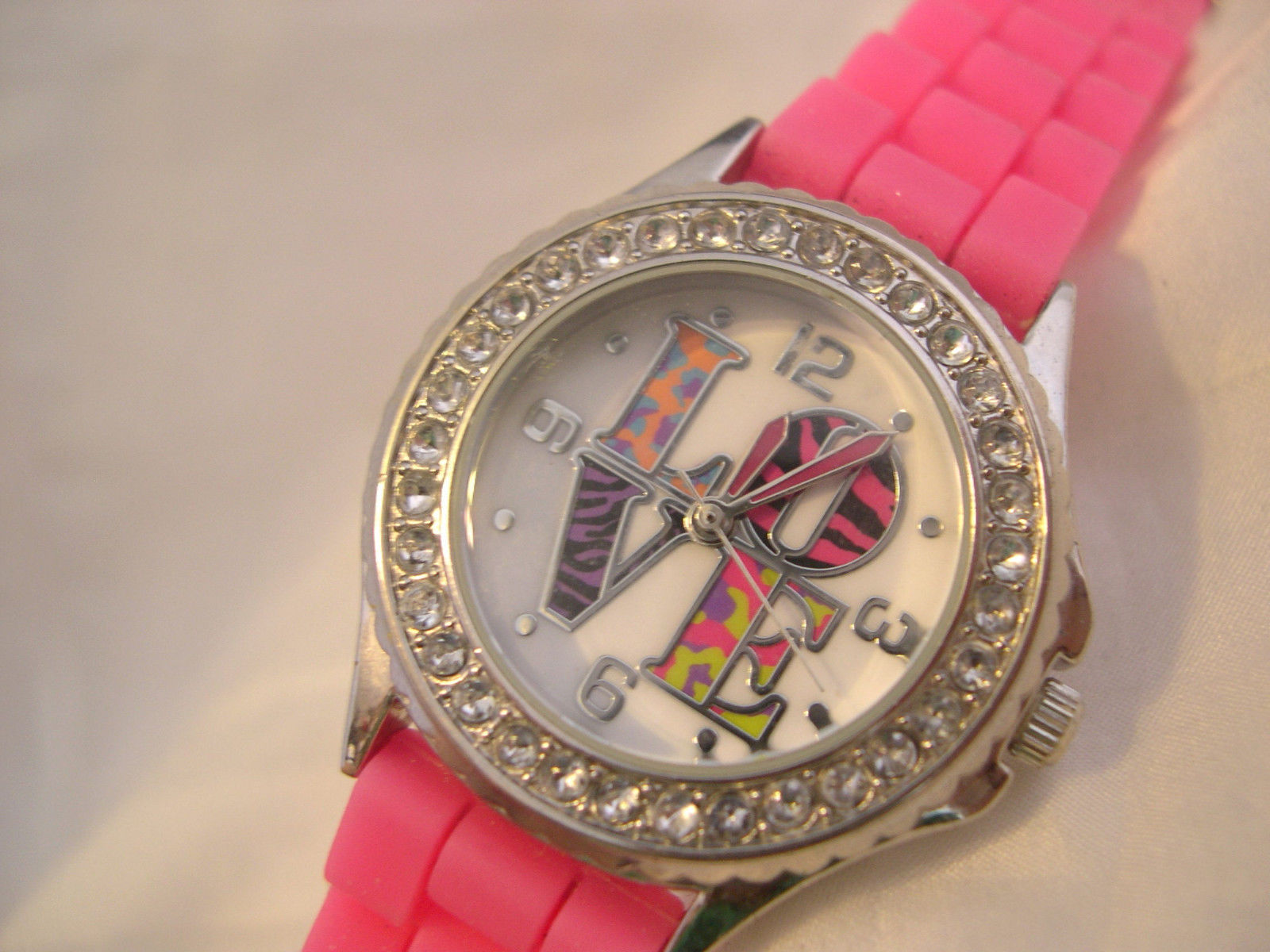 L65, Accutime, * Love * Ladies Watch, Multi Colored Face, 8" Pink