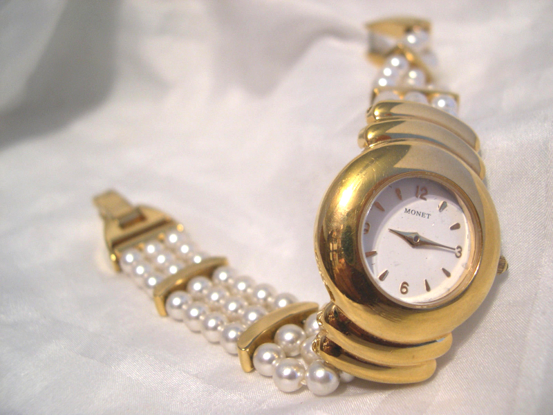 L62, Monet, Ladies 7.5" Gold Tone Dress Watch, 3 Strands Faux Pearls, W ...