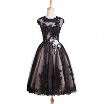 Rosyfancy Sexy Illusion Black Lace Applique A-line Tea Length Prom / Party Dress - $175.00
