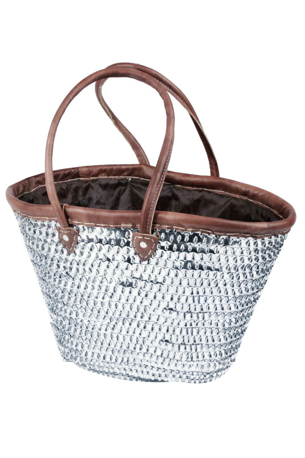 Large Bling Bling Sparkling Silver Sequin & Leather Straw Tote Bag
