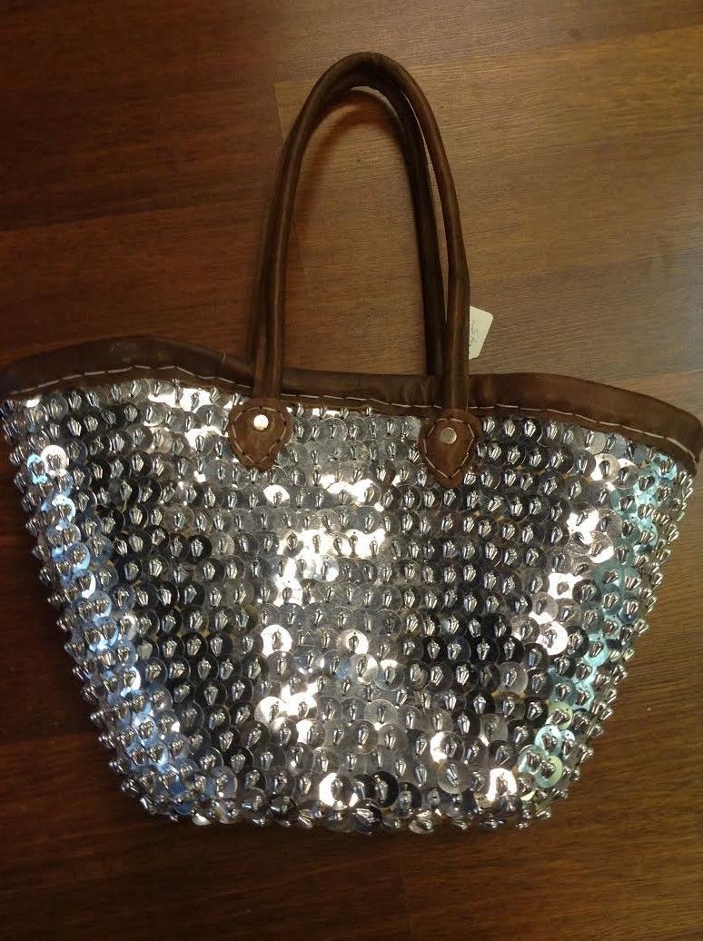 Large Bling Bling Sparkling Silver Sequin & Leather Straw Tote Bag