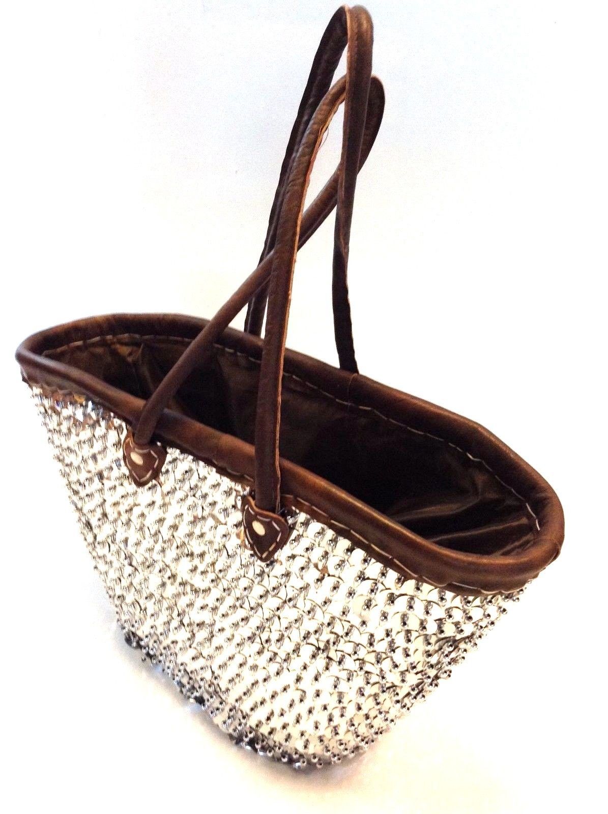 Large Bling Bling Sparkling Silver Sequin & Leather Straw Tote Bag