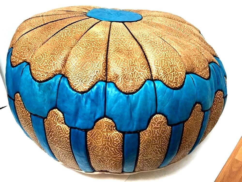 Moroccan Leather Hassack Round Ottoman Pouf Seat in Turquoise Large