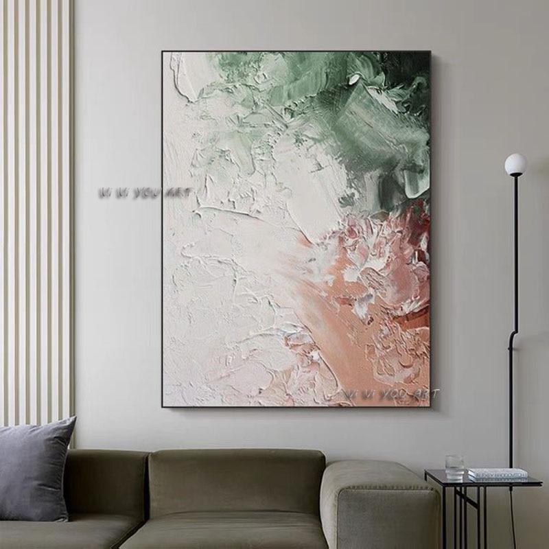 100% Handmade Green and Pink Abstract Oil Painting Minimalist Modern On Canvas W