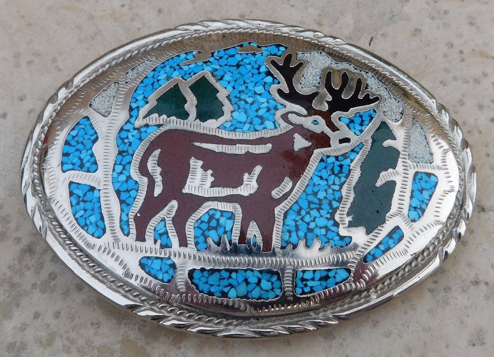 Vintage Silver Turquoise Belt Buckle Inlay Enamel Elk Christmas Tree Native - Belt Buckles