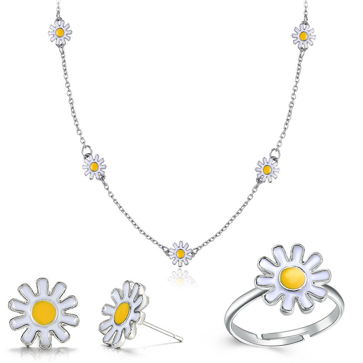 Silver Cherry Blossom White Gold Flower Jewelry Set: Necklace&Earring&Ring