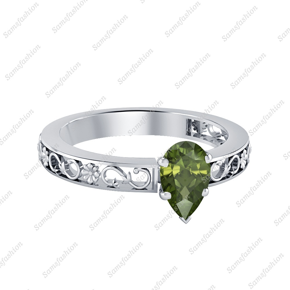 Samsfashion - Women solitaire pear shaped green tourmaline 14k white gold over engagement ring