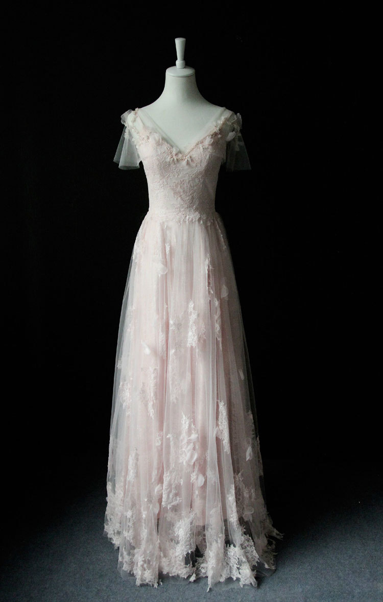 Rosyfancy Pale Pink Lace And Petal Applique V-neckline A-line Evening Dress