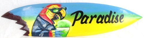 Hand Carved Wood Paradise Surfboard Sign Parrot Head Drinking - $24.70