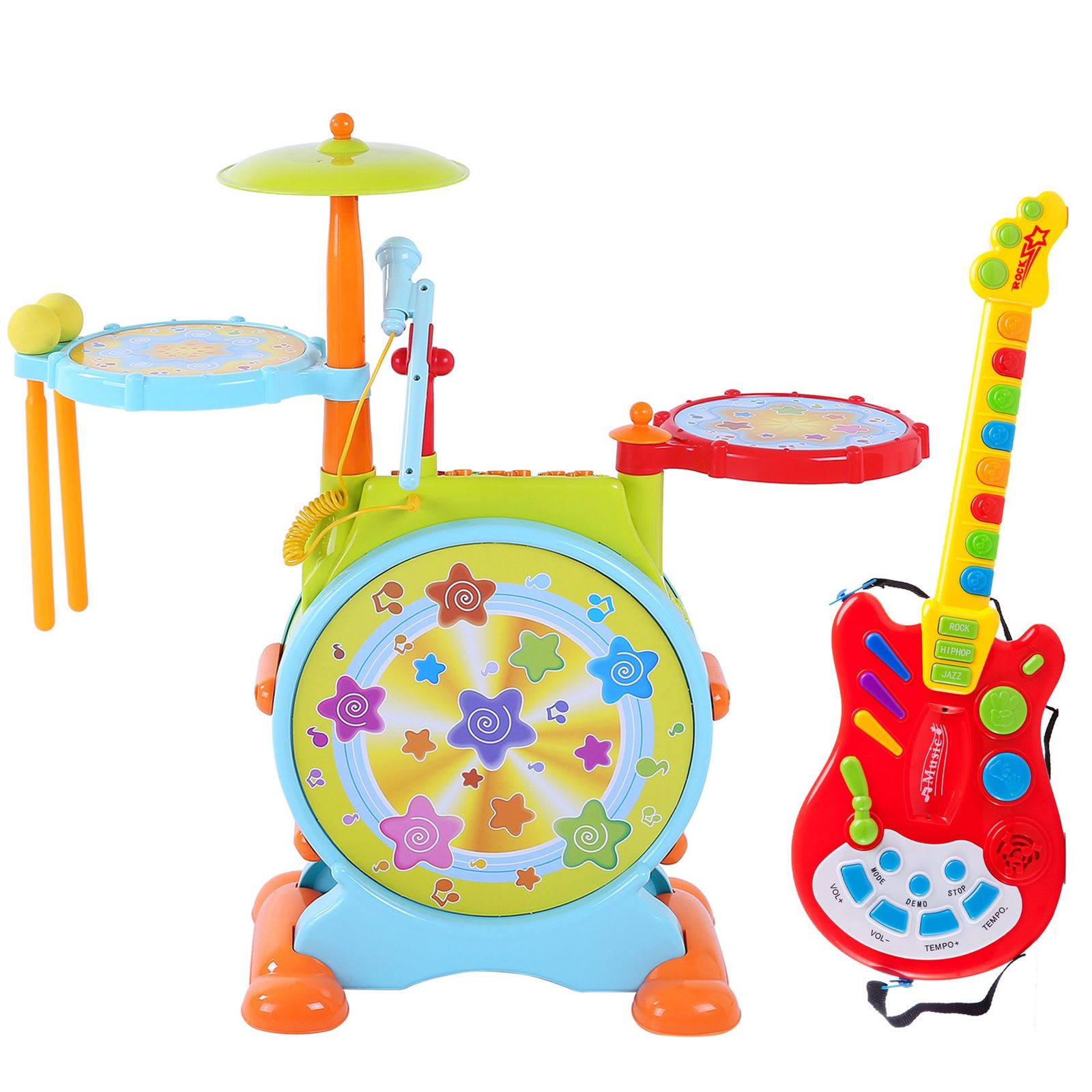 Dimple Toy Electric Guitar with Electric Big Toy Drum Set Gift for Kids, Toddler