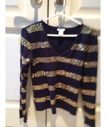 Navy Blue Shirt With Gold Sequin Stripes V Neck Long Sleeve Size Large B... - $49.99