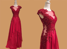 Rosyfancy Burgundy Illusion Sexy Back Cutaway Sides Lace Chiffon Evening Dress - $165.00