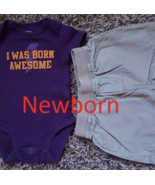 Boy&#39;s Size NB Newborn Two Piece Purple I Was Born Awesome Top, Khaki Shorts - $12.00