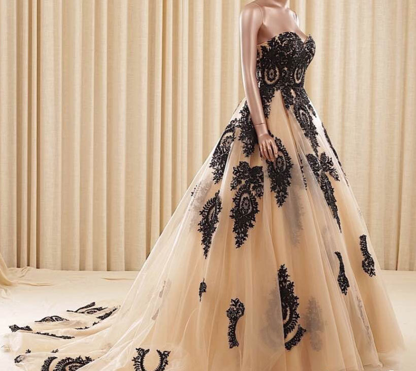 Rosyfancy Champagne Strapless Bridal Wedding Ball Gown With Black Lace ...