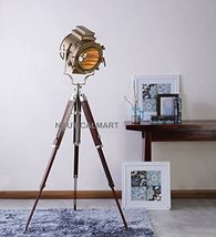 NauticalMart Industrial Vintage Natural Wood and Brass Finish Tripod Floor LAMP