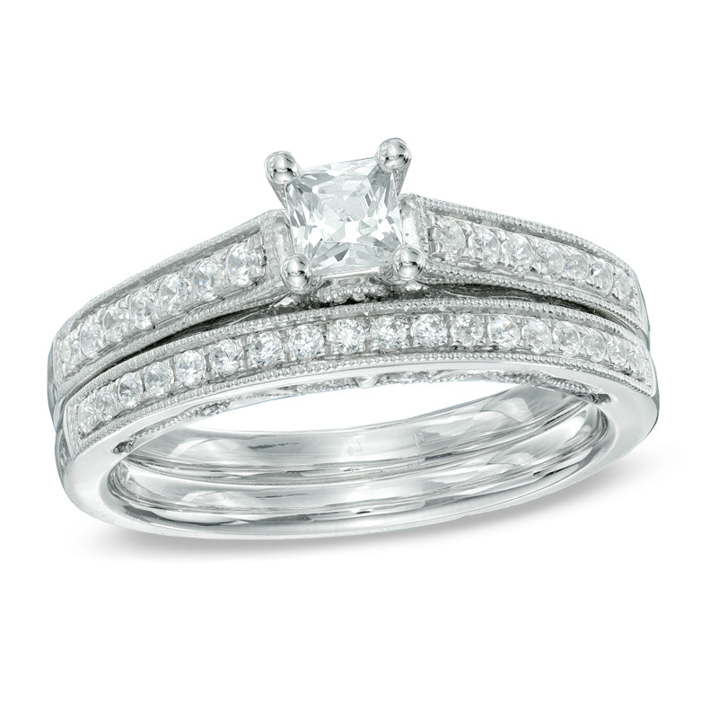 5/8 CT Princess-Cut Simulated Diamond Bridal Set in 14K White Gold Finish .925