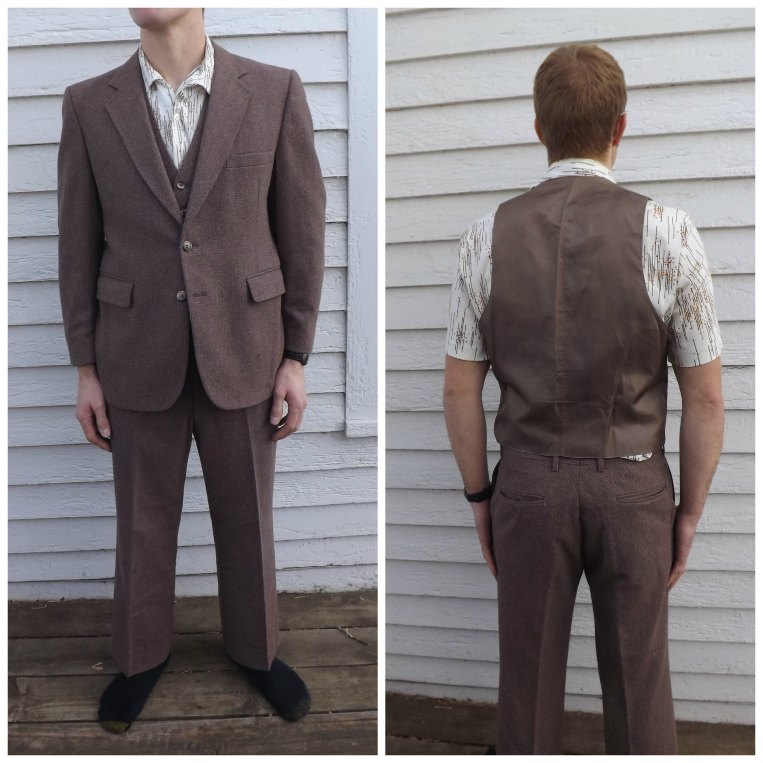 Vintage 70s Mens Brown Suit 1970s 3 piece 42 S - Suits