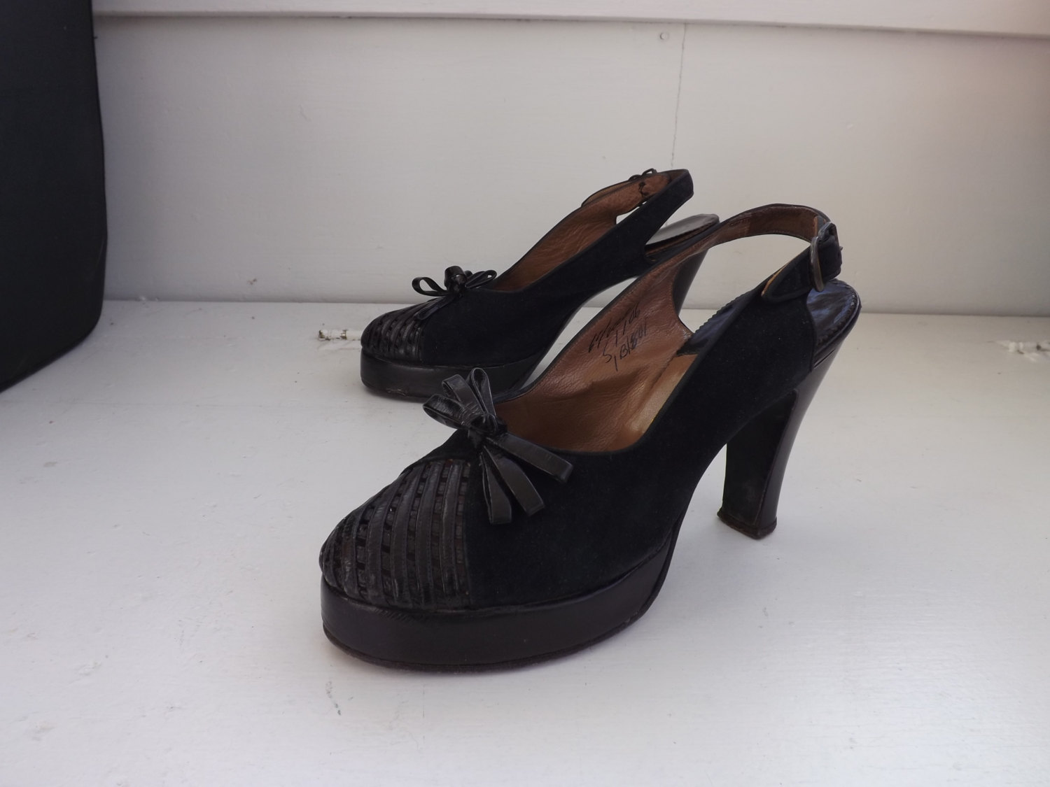 Vintage 40s Palter DeLiso Shoes Platform Peeptoe Slingback Heels Black ...