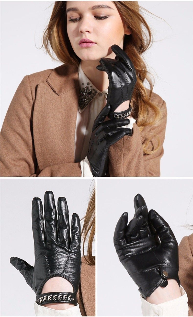 Black Short Driving Gloves Metal Chain Goatskin Women Genuine Leather Gloves Gloves And Mittens