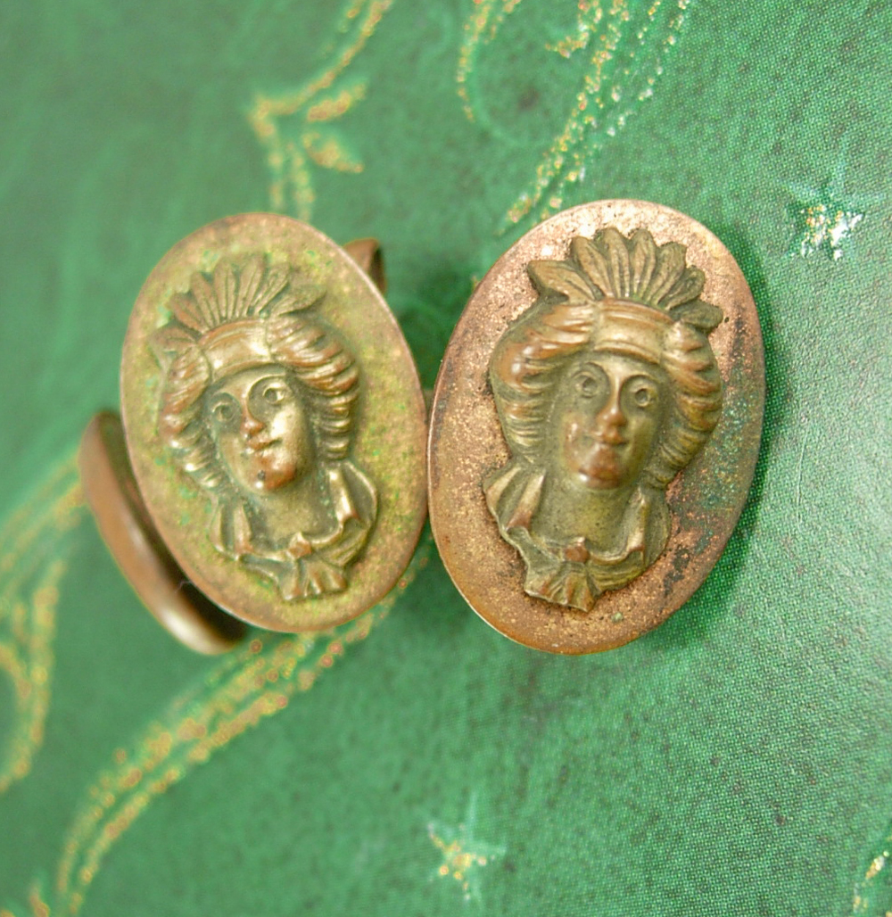 Antique Alphonzo Mucha cufflinks Art nouveau goddess gold victorian hinged back wedding estate jewelry