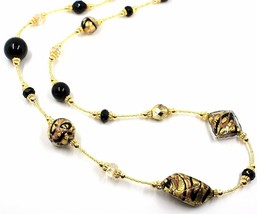 LONG 90cm NECKLACE BLACK & YELLOW STRIPED MURANO GLASS SPHERE NUGGET, GOLD LEAF image 2