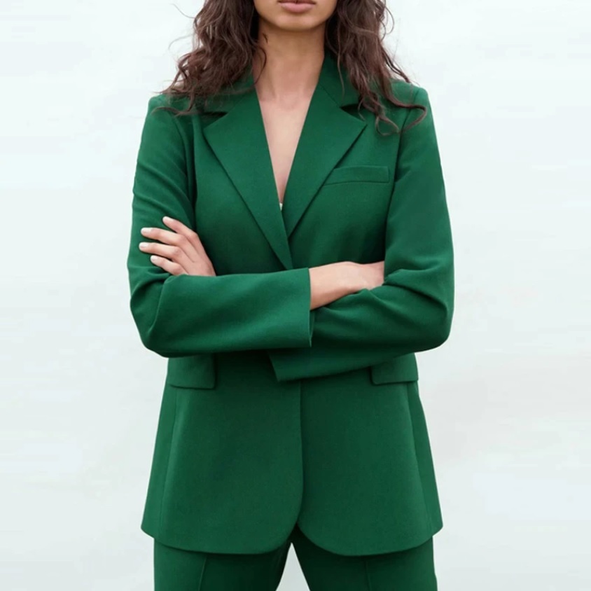 New olive green V neck button down long sleeve women blazer suit with pants