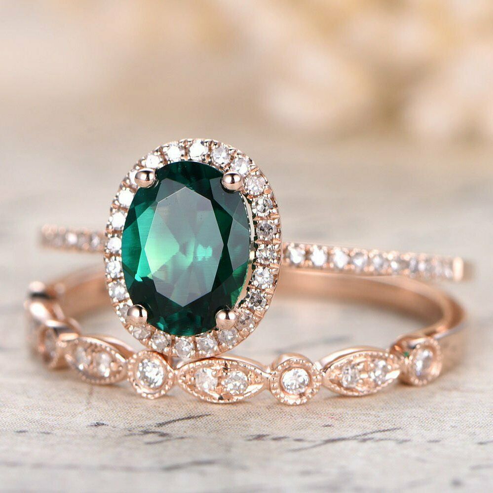 2.5Ct Oval Cut Green Emerald Diamond Bridal Engagement Ring 18K Rose ...