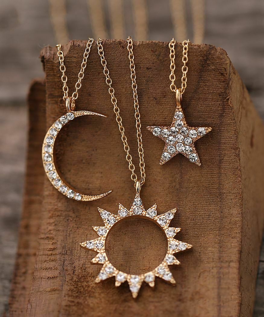 My Moon and Stars Lariat Necklace Sun Bolo Bohemian Boho Rhinestone Gold Tone