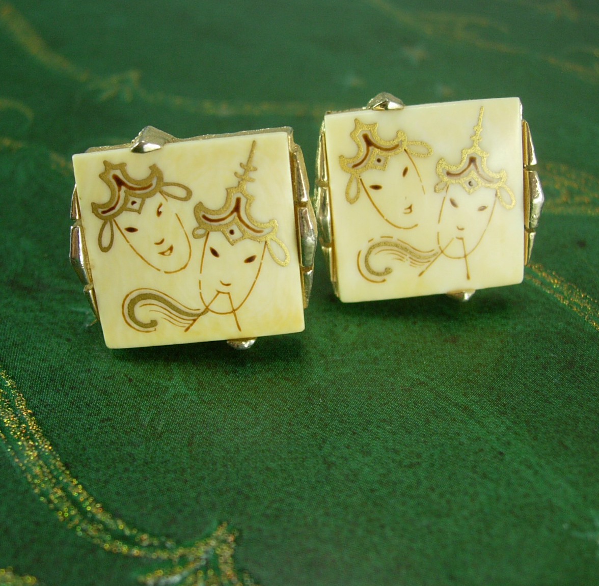 Chinese Cuff links theater masks 18kt gold handpainted female dancers
