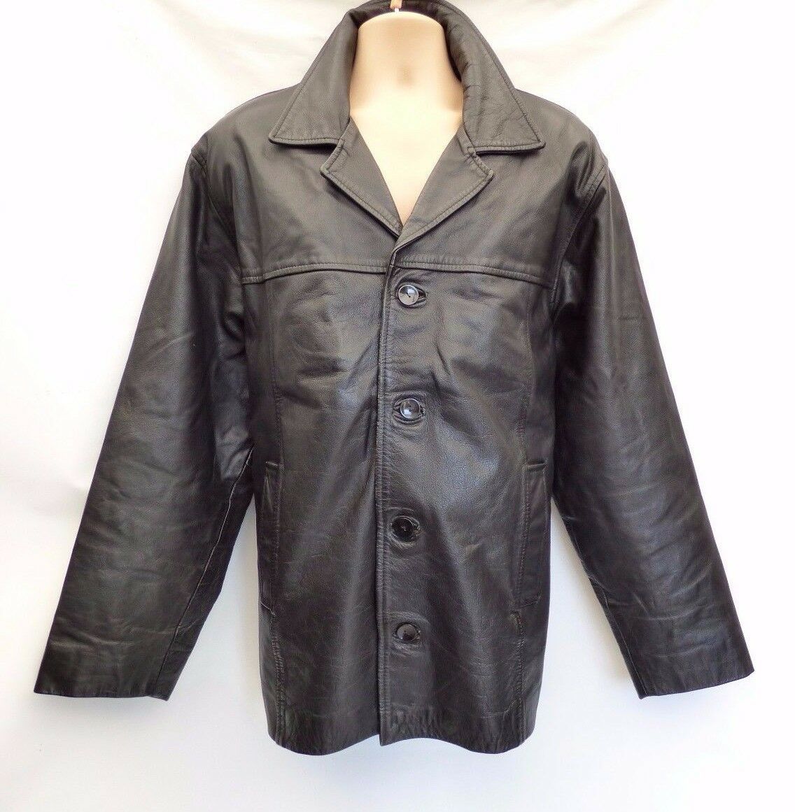 Men's Vintage AKASO Hip Length Black Thick Real Leather Jacket Coat ...