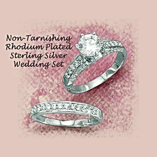 NonTarnishing CZ Sterling Silver 2Pc Bridal Ring Set, Engagement Ring