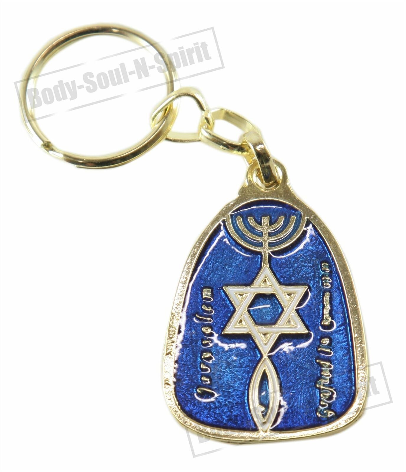 Magen Star of David fish Menorah Judaism Blue KeyChain Amulet Messianic Charm