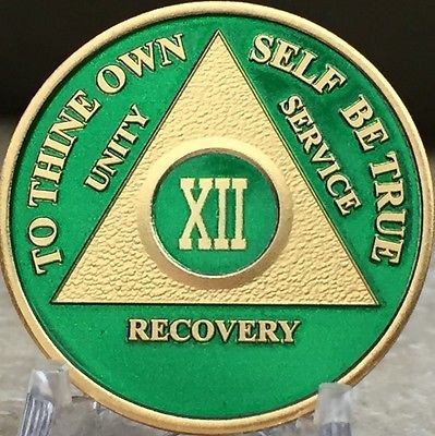 12 Year AA Medallion Green Gold Plated Alcoholics Anonymous Sobriety Chip Coin