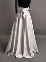 Women White MAXI Pleated Taffeta Skirt with Sash/Pockets Formal Maxi Satin Skirt image 4