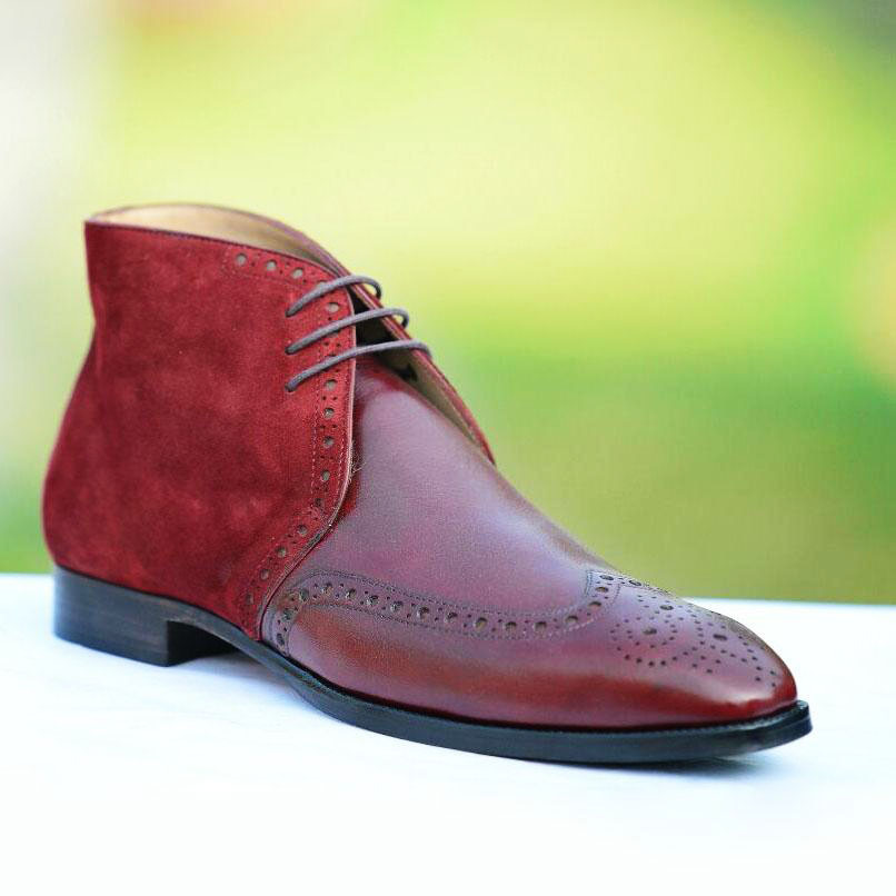 New Handmade Chukka Boot,Men's Burgundy Leather & Suede Wing Tip Chukka ...