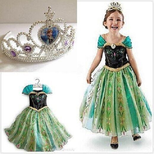 Kids Girls Princess ANNA-Dress FROZEN Queen Cosplay Costume Fancy Dress+Crown&+