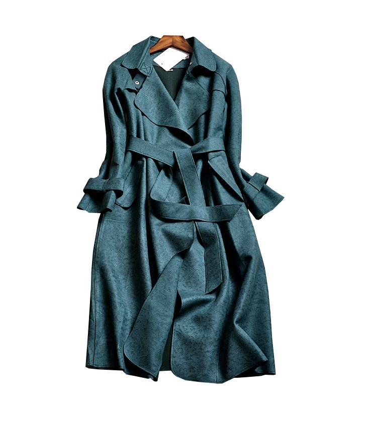 New green double breasted long faux suede women's trench coat spring ...