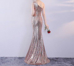 ROSE GOLD One Shoulder Sequin Dress Women Plus Size Mermaid Maxi Sequin Dresses