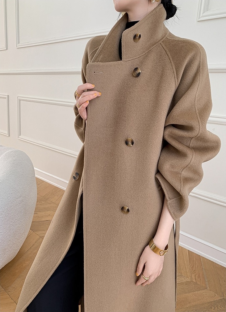 New camel wool double breasted stand collar long woolen women coat with belt