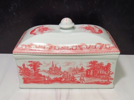 Modern Repro Decorator Red Transferware Covered Box Castles Semi Porcelain  - $53.46