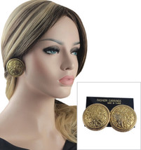 Huge Mega Large Button Clip On Earrings Jungle Elephant 1 3/4&quot; Gilded Gold - $13.00