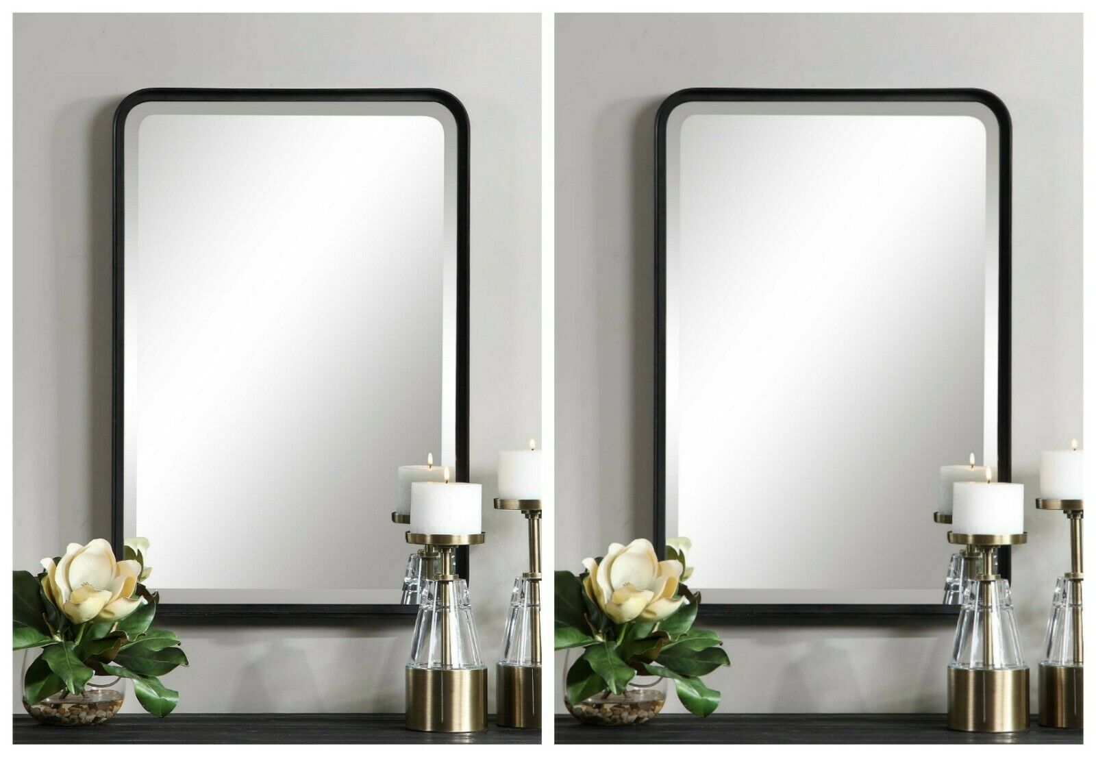PAIR CROFTEN XXL 30" MATTE BLACK METAL BEVELED WALL VANITY MIRRORS