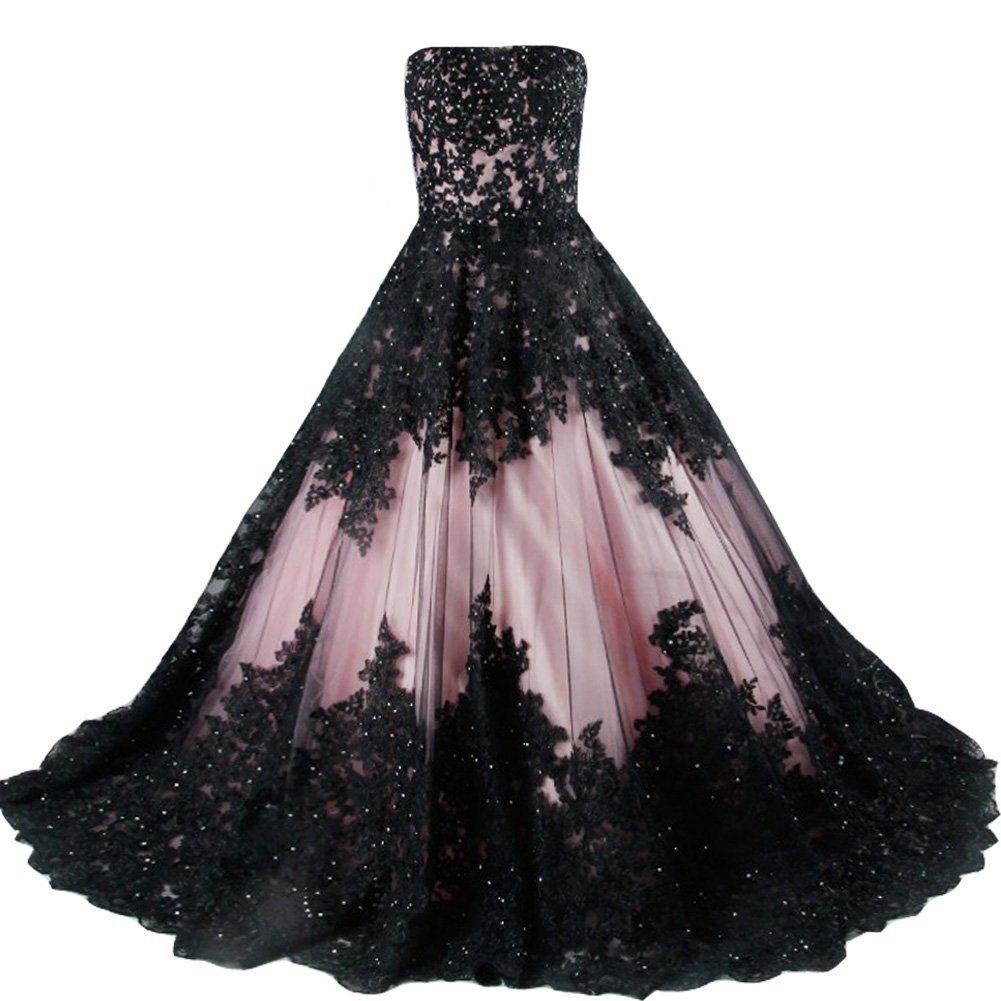 Kivary Vintage Black Lace A Line Long Corset Strapless Prom Wedding Dresses Ligh