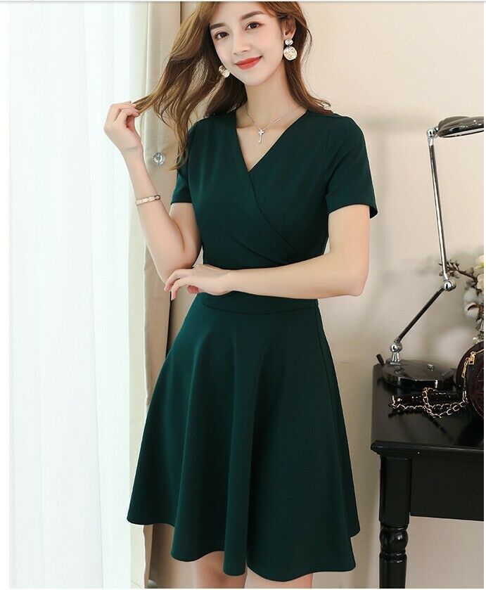 Pure Color V-neck A-line Short Sleeve Summer Korean Fashion Slim ...