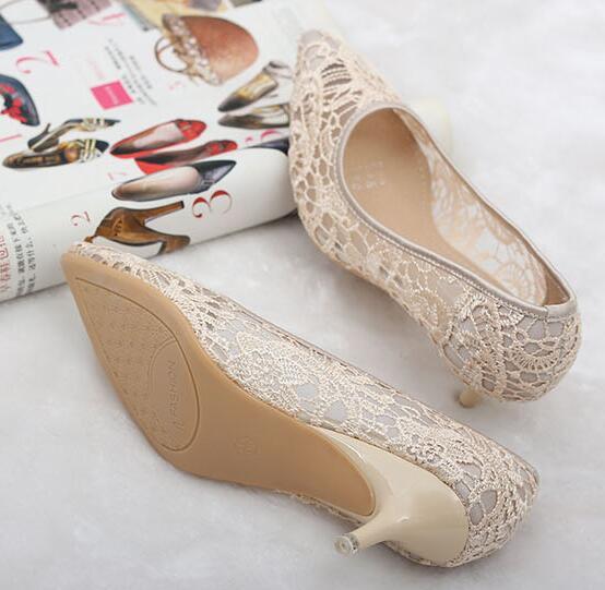 Nude See Through Lace Women Wedding shoes for bride low heels US Size 5 ...