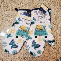 Oven Mitts set of 2, blue, Happiness Grows Here, Cottagecore Farmhouse kitchen image 1
